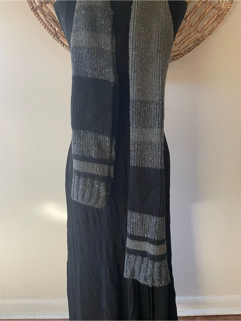Vintage Handmade  Black and Gray Knit Scarf